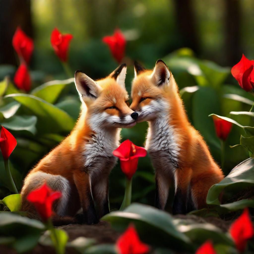 Fox Cubs Cuddle Among Lilies: Hyperrealistic Forest Scene