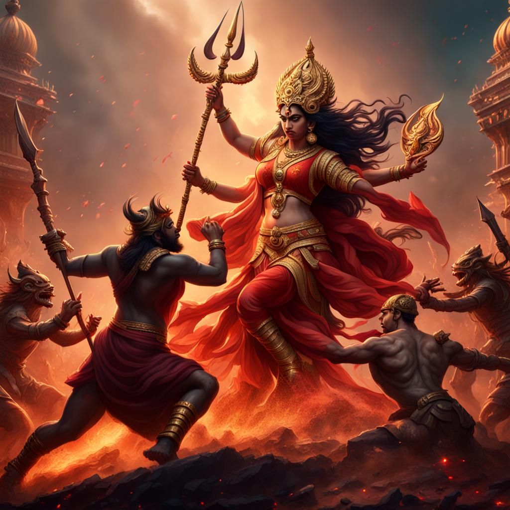 Goddess Durga Slaying Demon: Fantasy Concept Art