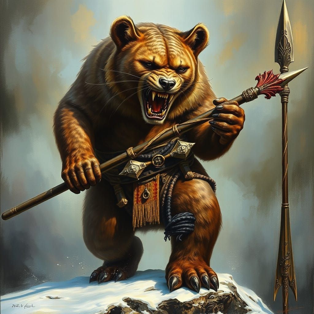 Cyberpunk Warrior with Fierce Bear-Cougar Hybrid and Spear