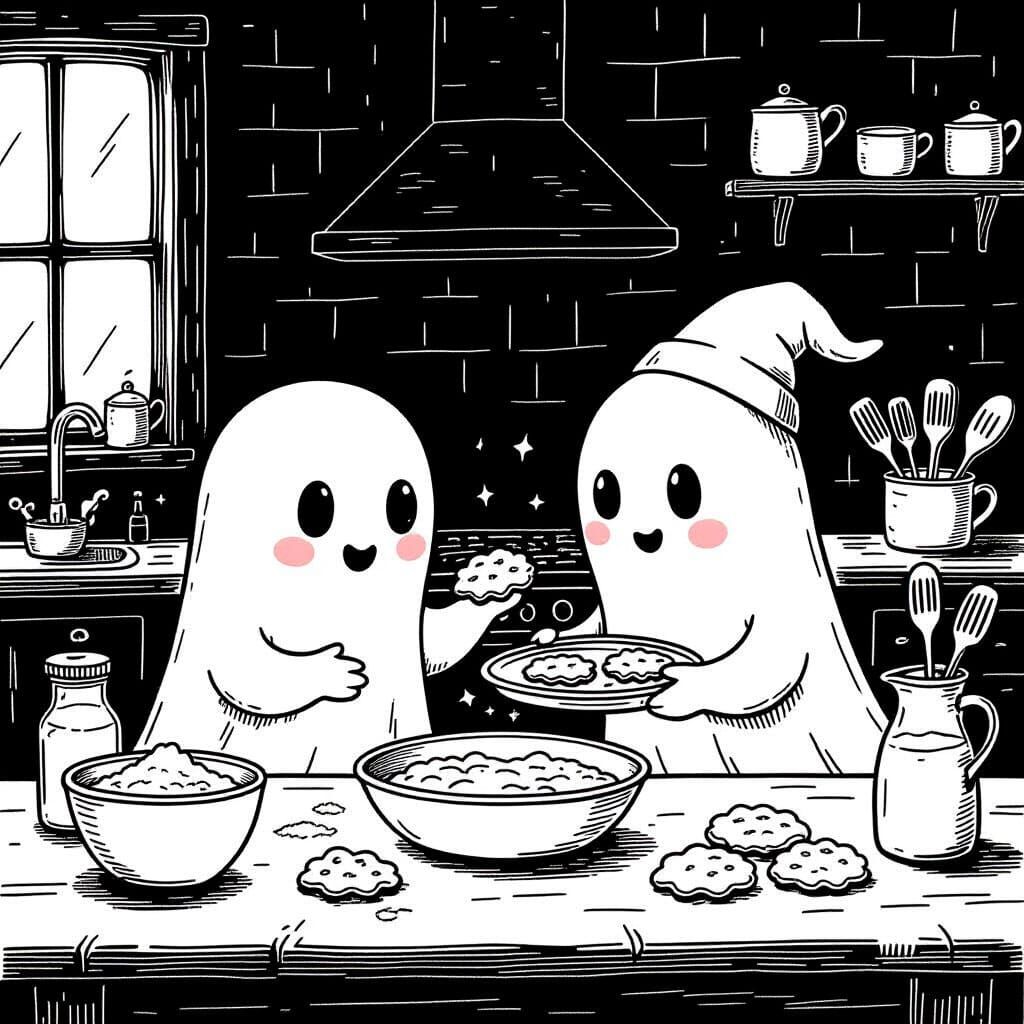 Cute Ghosts Baking Cookies Line Art Coloring Page