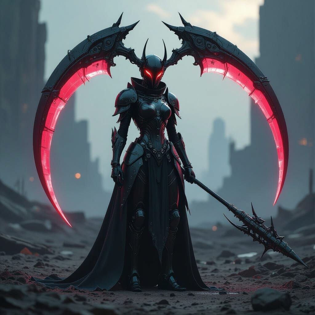 Futuristic Gothic Warrior in Desolate Battlefield