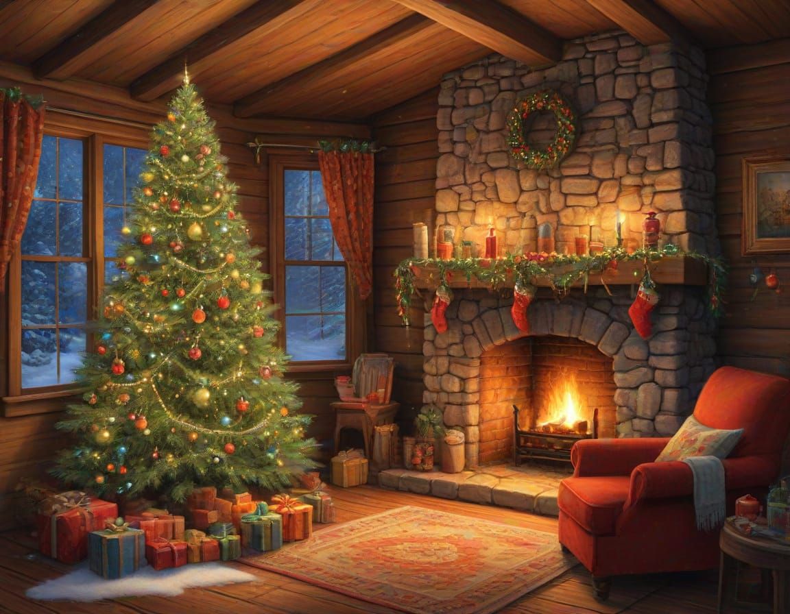 Cozy Christmas Cabin Scene in Vibrant Oil Painting Style