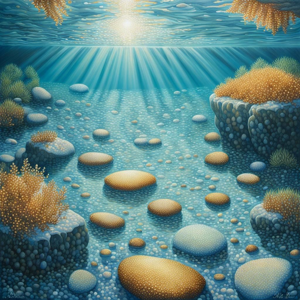 Underwater Stones in Pointillism Style with Sunlight