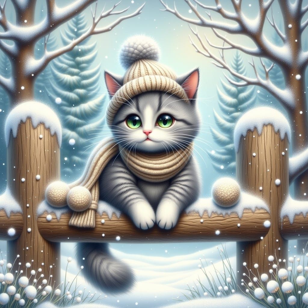 Whimsical Winter Feline in Soft Watercolor Style