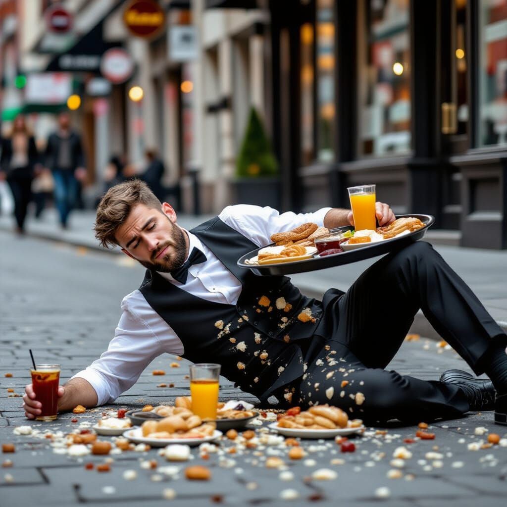 Waiter's Disastrous Spill: Food and Drinks Everywhere