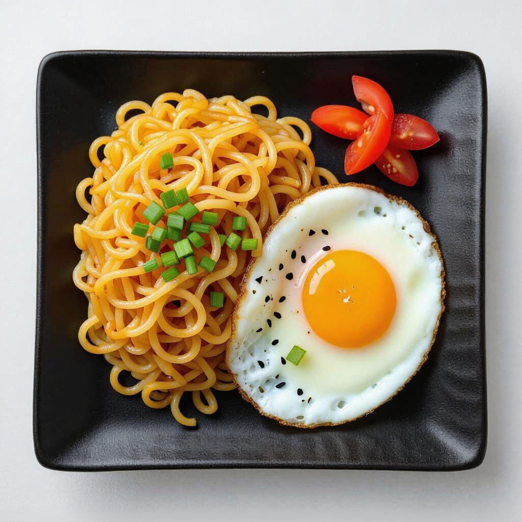 Fried Noodles and Egg on Black Plate