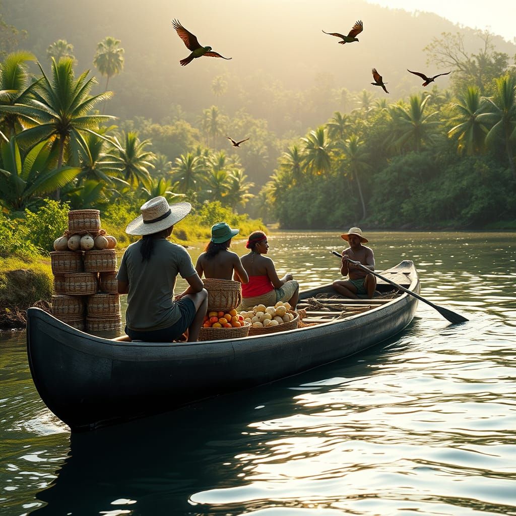 Taino Villagers Paddle Canoe Amidst Tropical Abundance