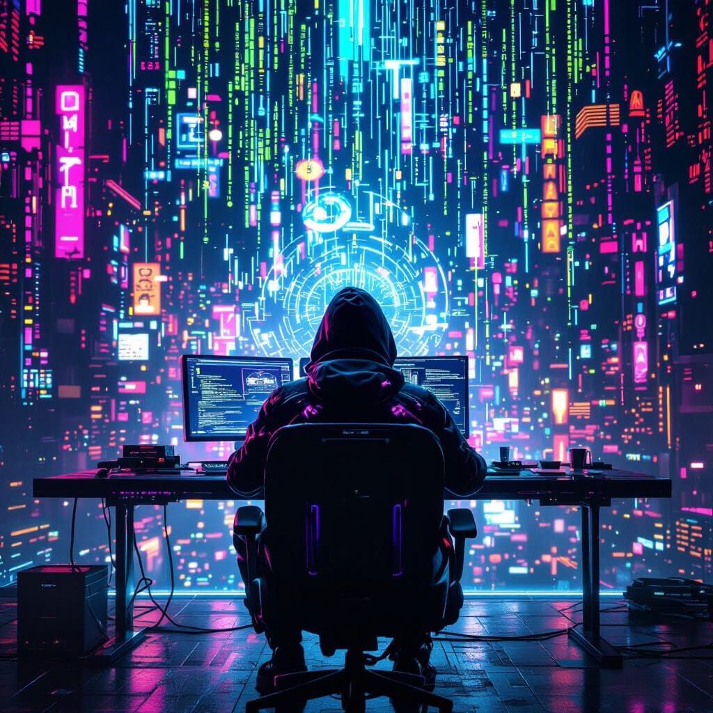 Hacker in Matrix Style with Neon Lights