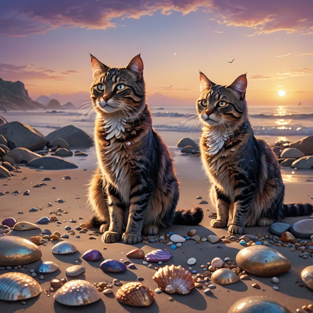 Magic Cats on Misty Beach at Sunset