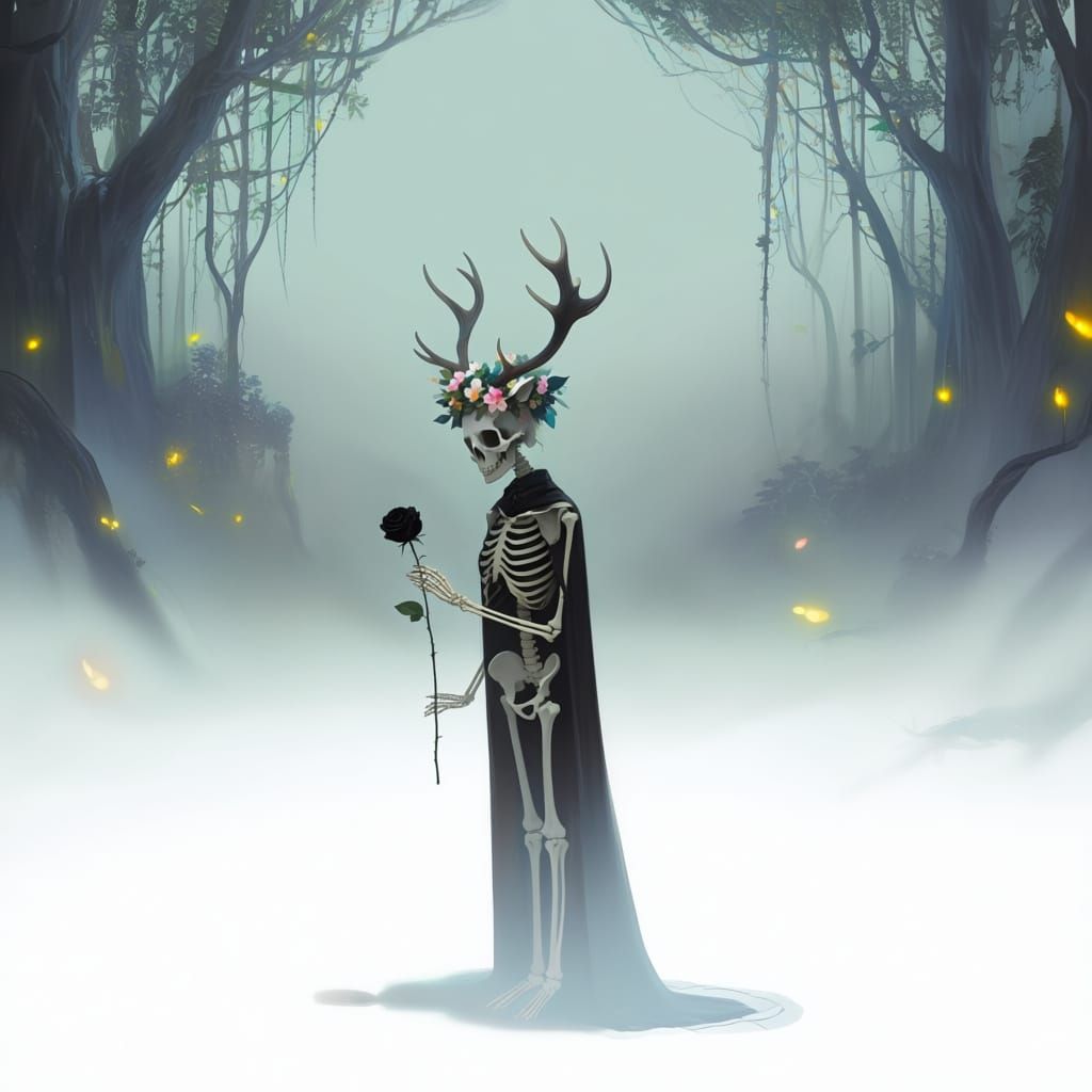 Skeletal Deer and Forest Spirit with Rose