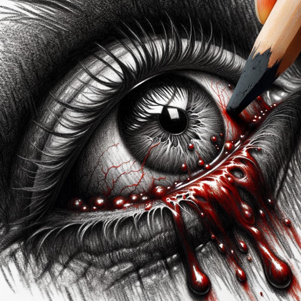 Hyper-Detailed Charcoal Drawing of a Bleeding Eye