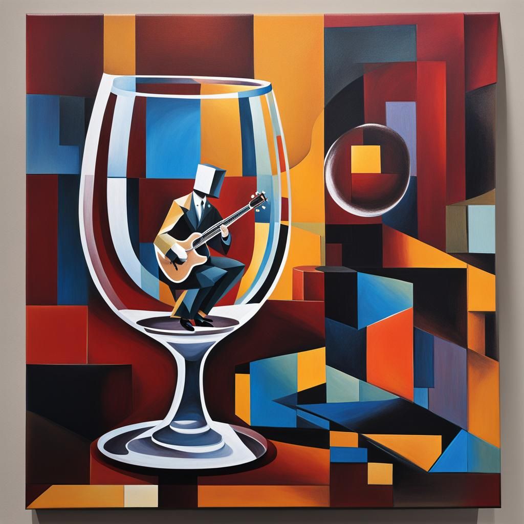 Guitarist in Wine Glass: Minimalist Acrylic Art