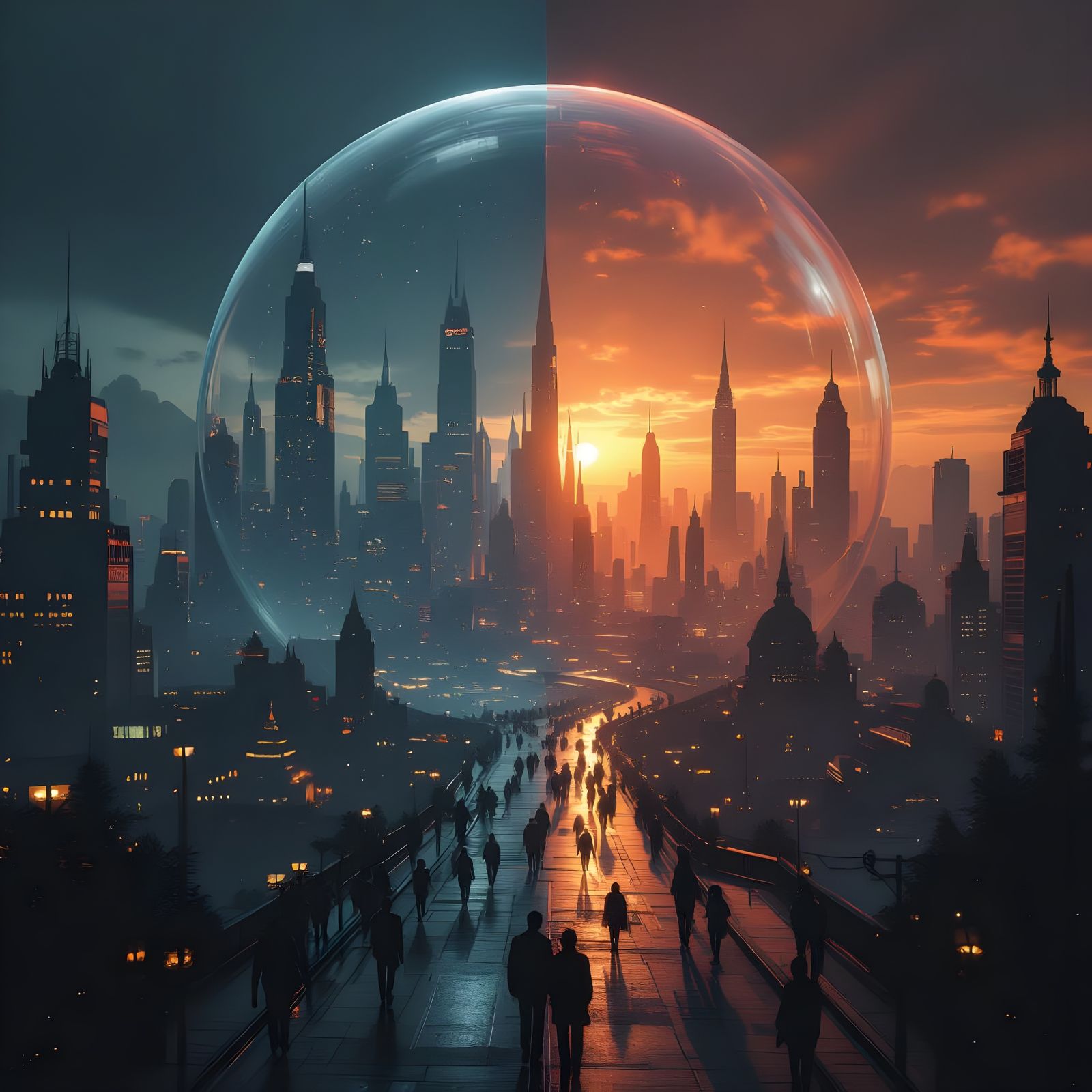 Futuristic City Divided by Light and Darkness