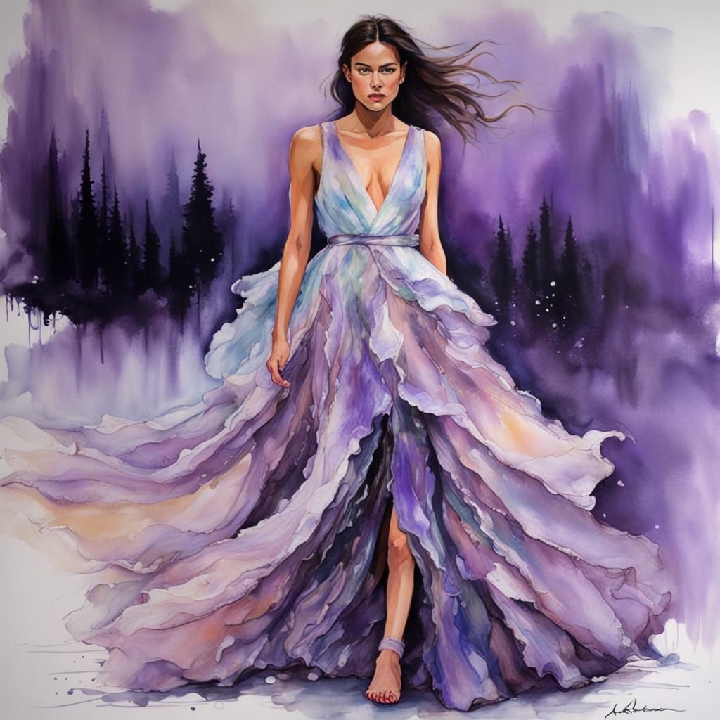 Impressionistic Alcohol Ink Tea Gown, Multi Layered Skirt, Alexander McQueen Fashion Style, Jackson Pollack Lavender Mis...