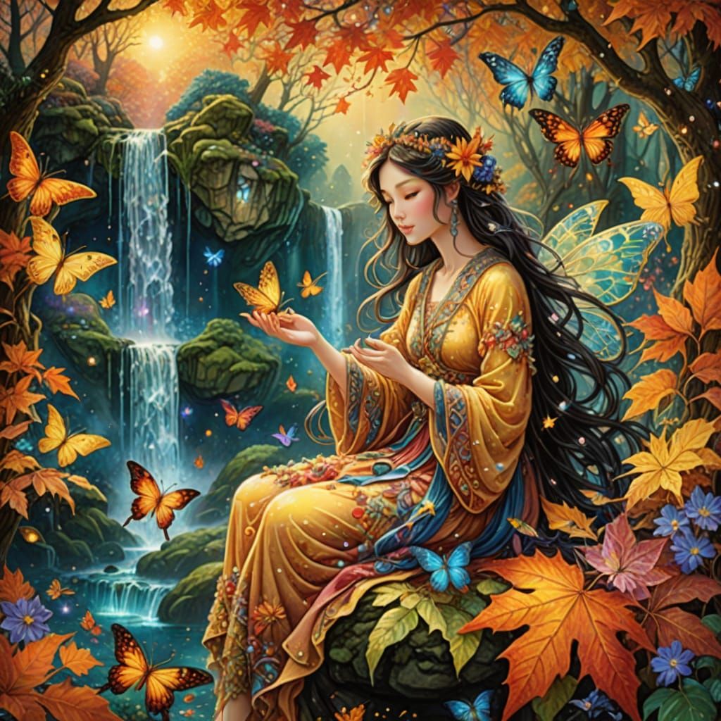 Autumn Fairies by Waterfall, Fantasy Art