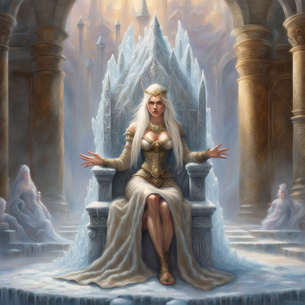 Albino Elf Queen on Ice Throne in Ethereal Fantasy Style