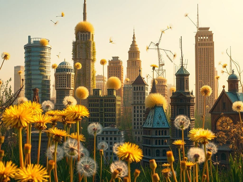 Surreal Dandelion Metropolis in Whimsical Wonder