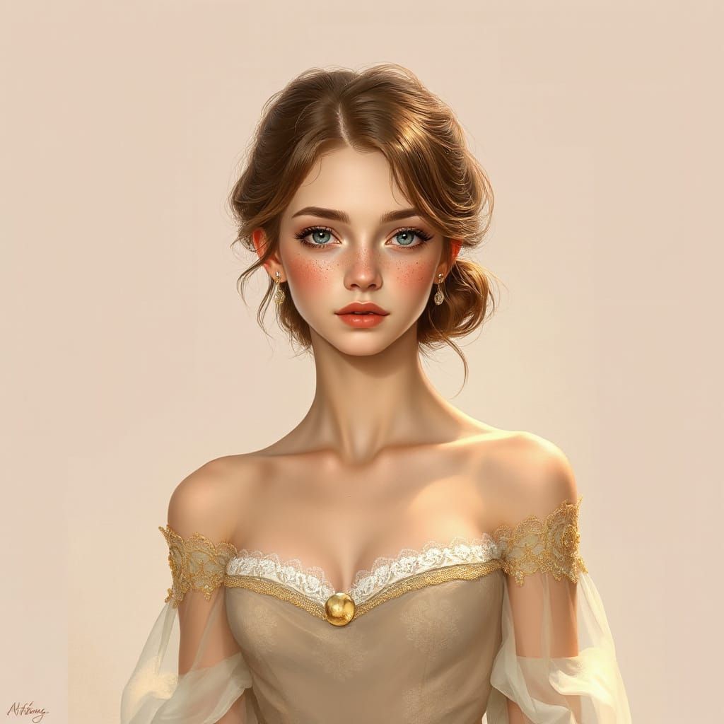 Ethereal Woman in Elegant Gown, Renaissance-Inspired Anime S...