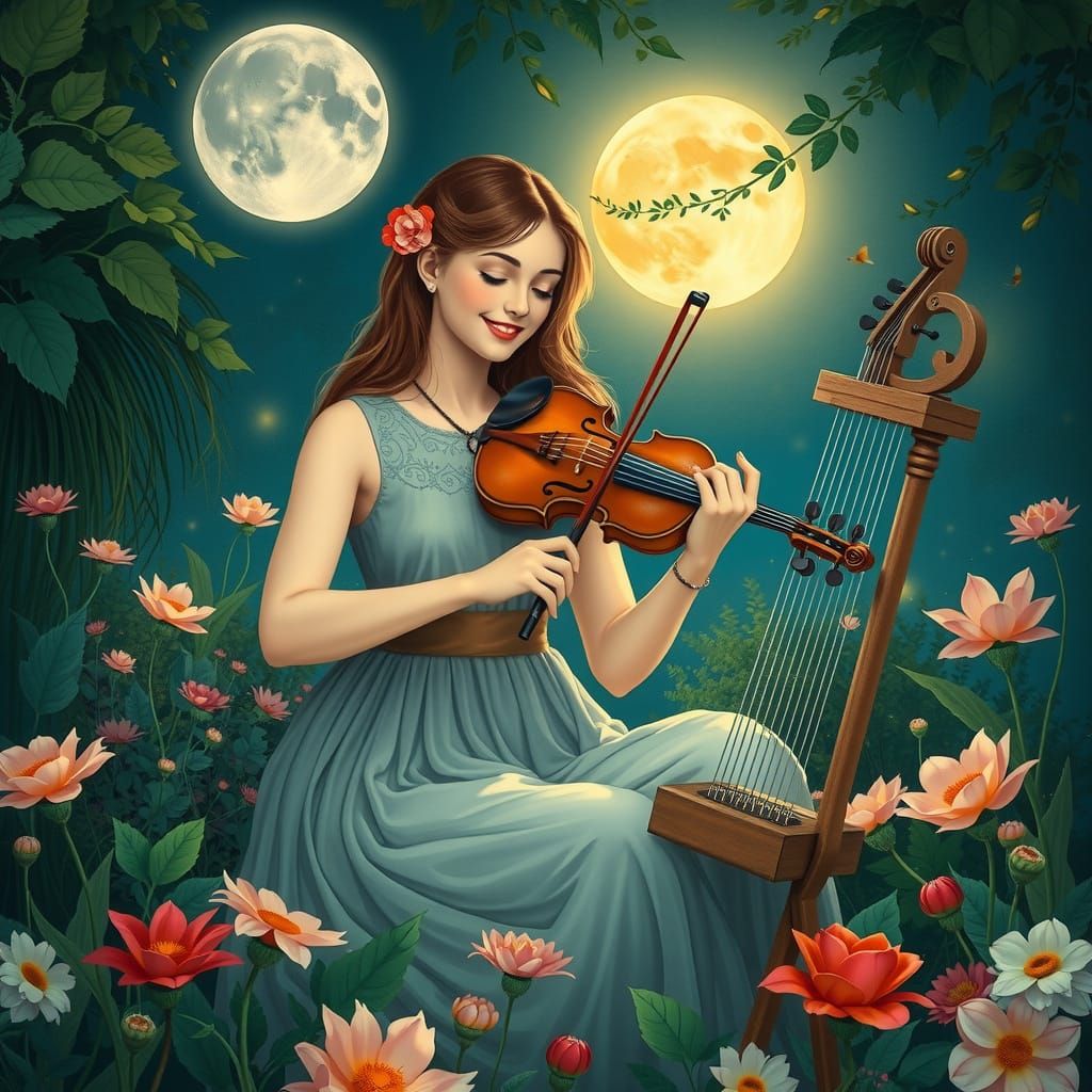 Serenely Elegant Art Nouveau Musician in a Dreamy Garden