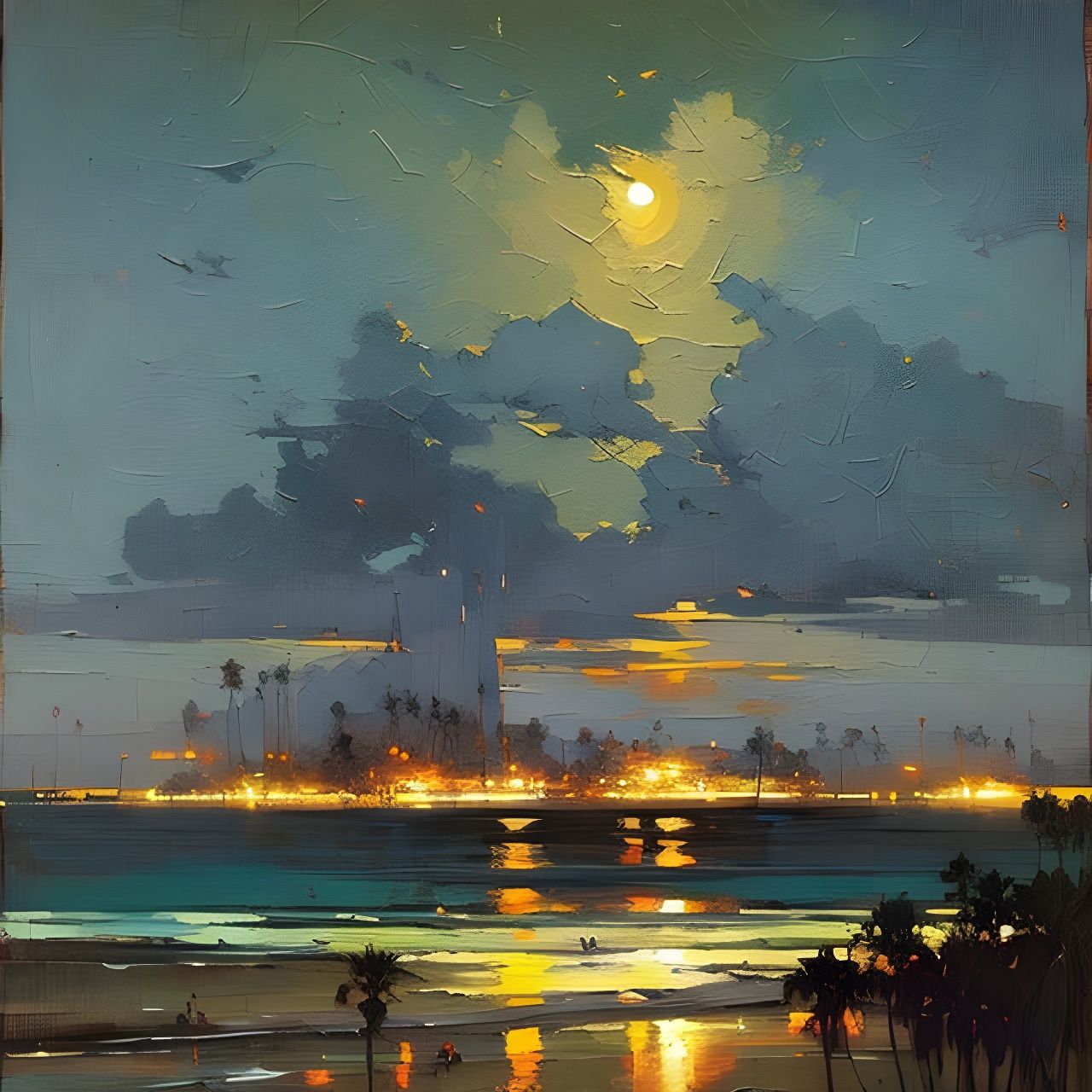 Tropical Island Starry Night Oil Painting