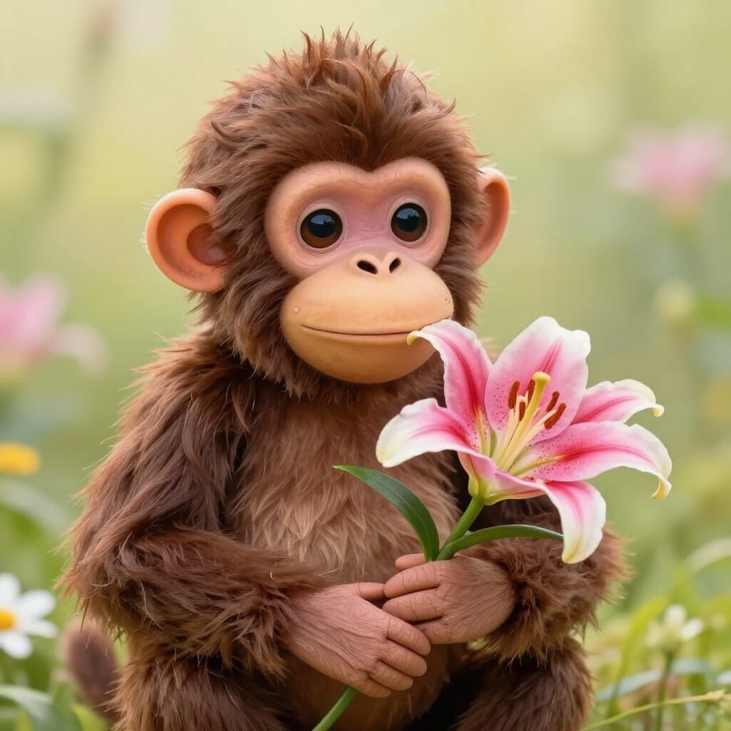 Monchhichi Monkey With Pink Lily Flower