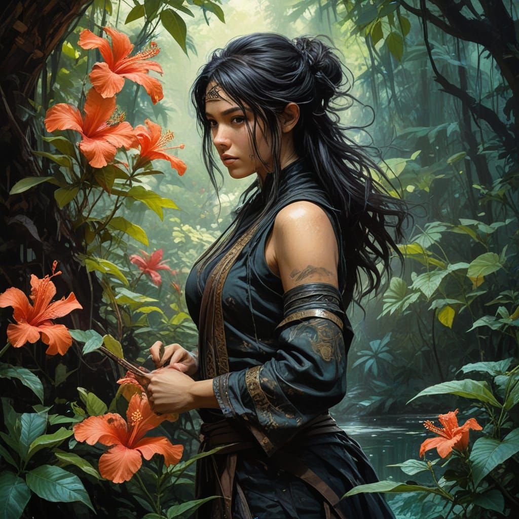 Surreal Female Ninja Emerges from Mystical Garden at Night