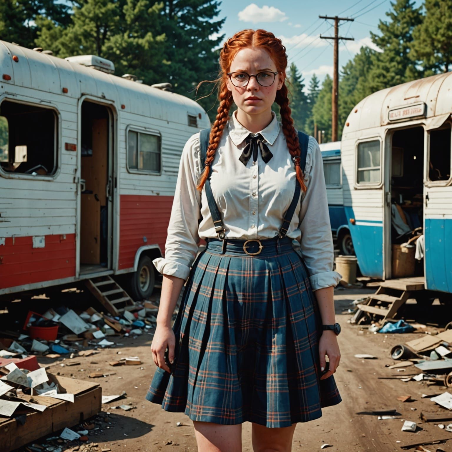 Obese Nerd Girl in Braided Hair Walks Through Trailer Park