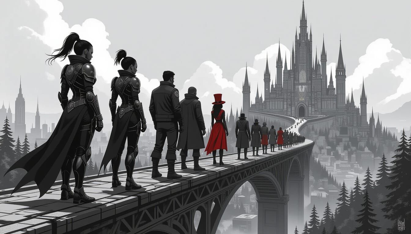 Diverse Group Overlooking City in Gritty Black and White