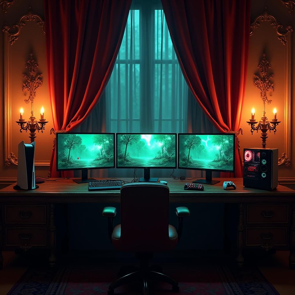 Fantasy Gaming Setup with PS5, Xbox, and PC
