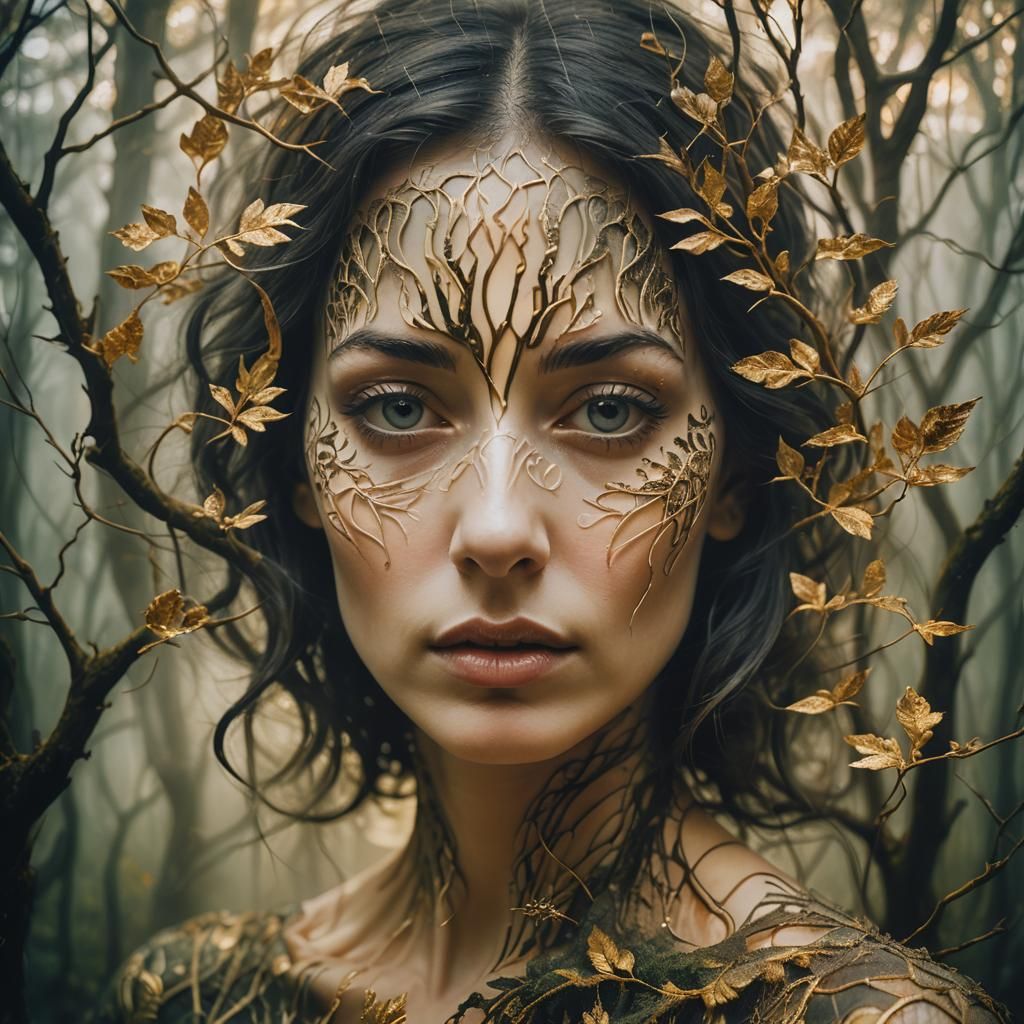 Surreal Forest Face Portrait in Moody Oil Painting Style