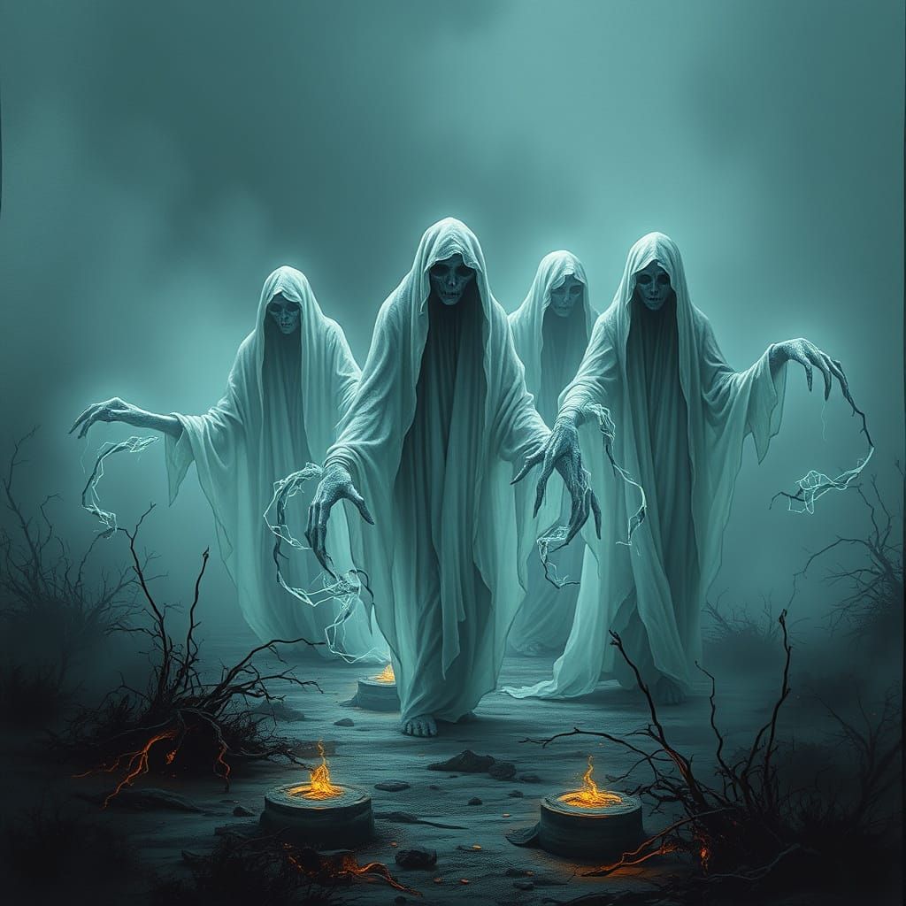 Ethereal Ghostly Beings in Gothic Horror Landscape