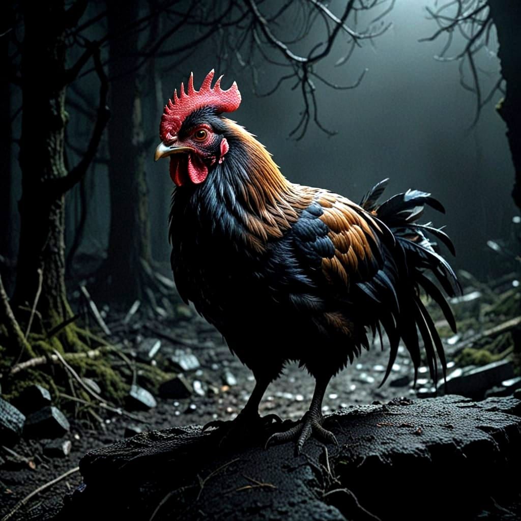 Mysterious Rooster in Dark, Spooky Landscape