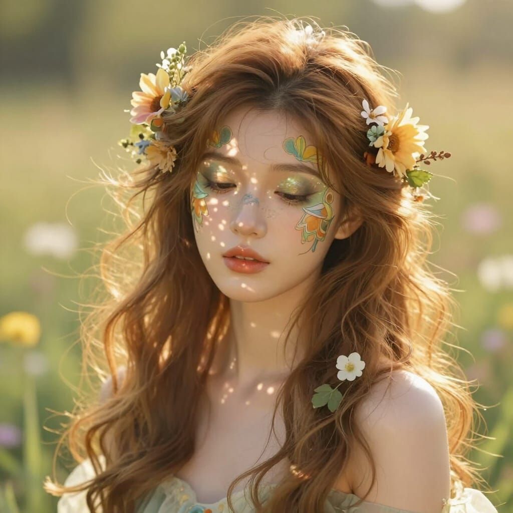 Ethereal Woman with Nature Makeup in Golden Hour