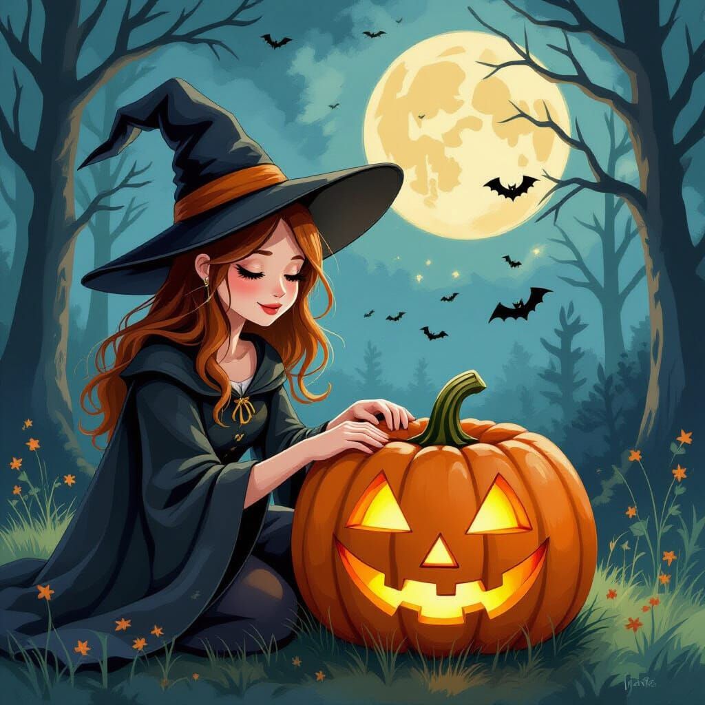 Gouache Painting of Witch and Jack-o-Pumpkin