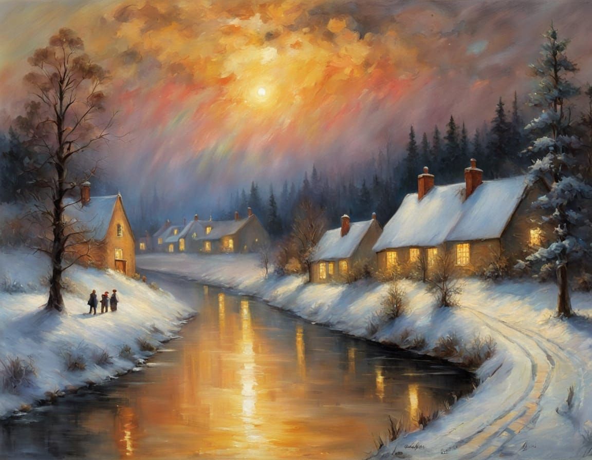 Snowy Village in Romantic Realism Style