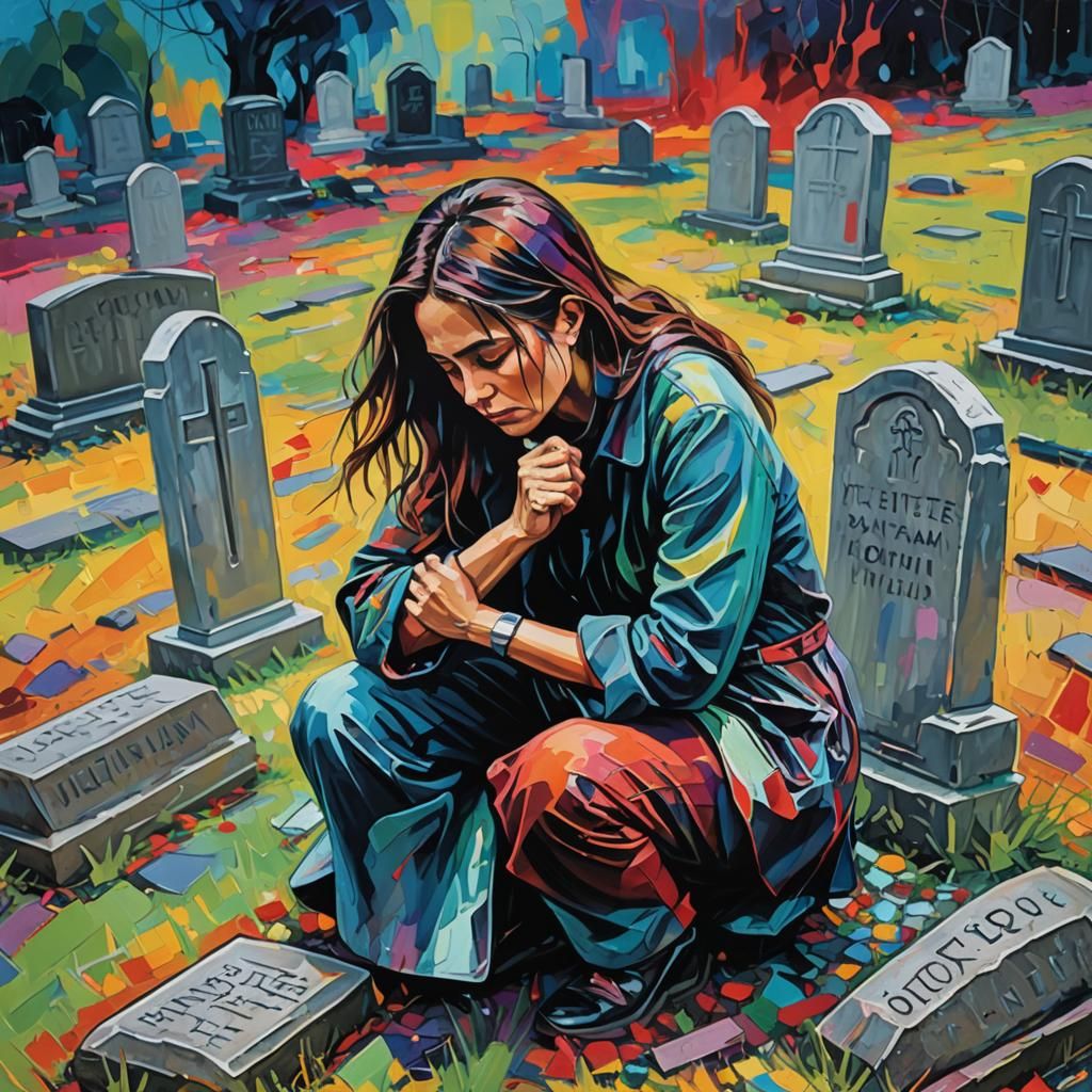 Neo-Expressionist Painting of Woman Kneeling at Grave