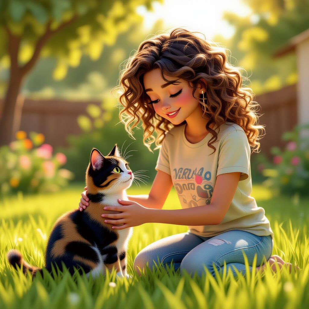 Girl Petting Cat in Sunny Yard, Disney Pixar Style