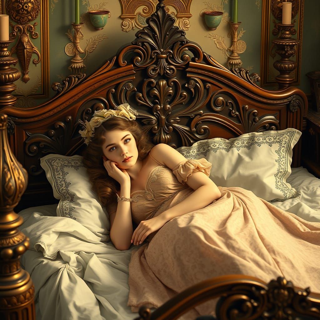 Edwardian Woman in Victorian Setting, Alphonse Mucha Style