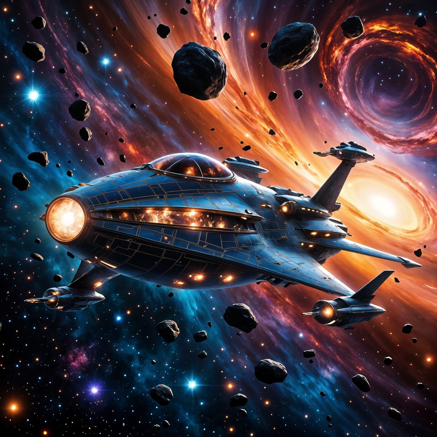 Surreal Spacecraft Navigates a Nebula Asteroid Field