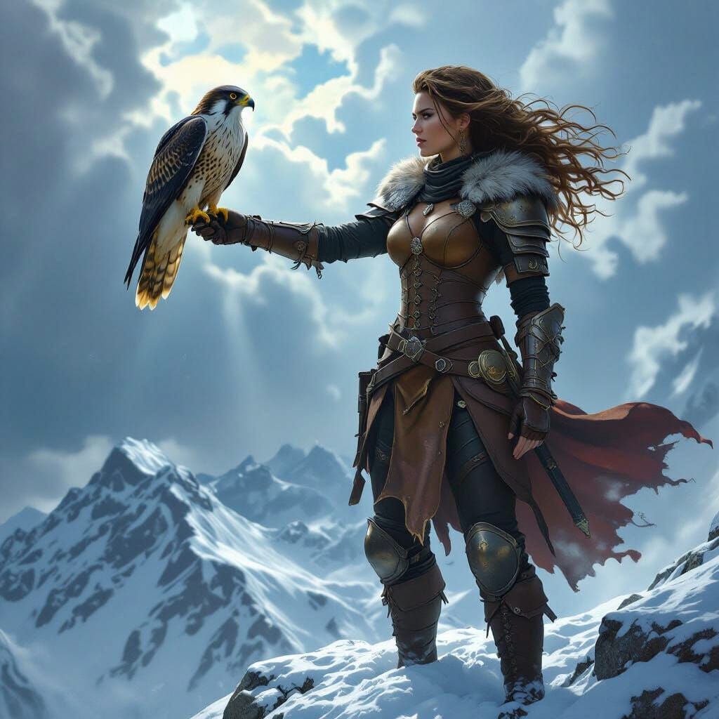 Fantasy Ranger with Falcon on Snowy Mountain Peak