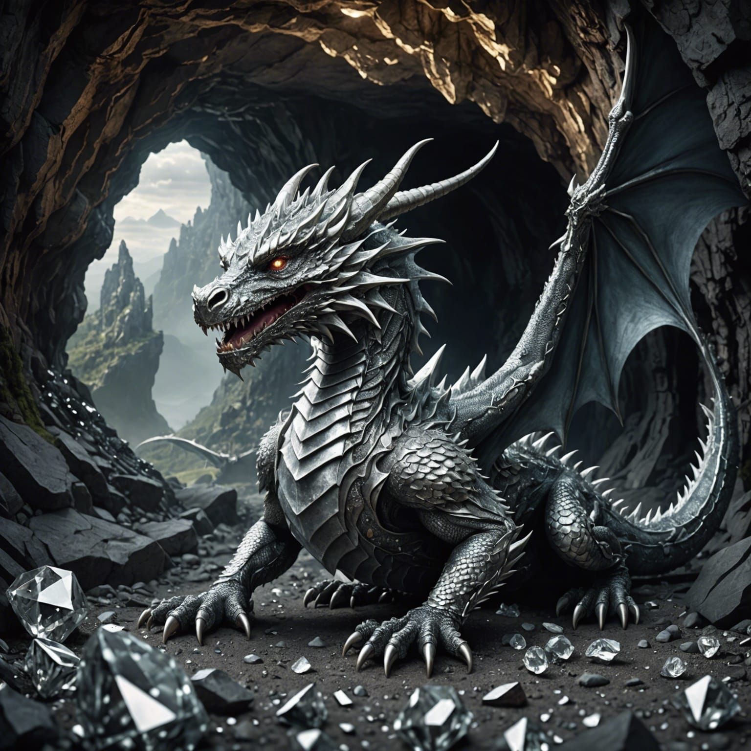 Silver Dragon in Diamond Cave: Hyperdetailed Digital Paintin...