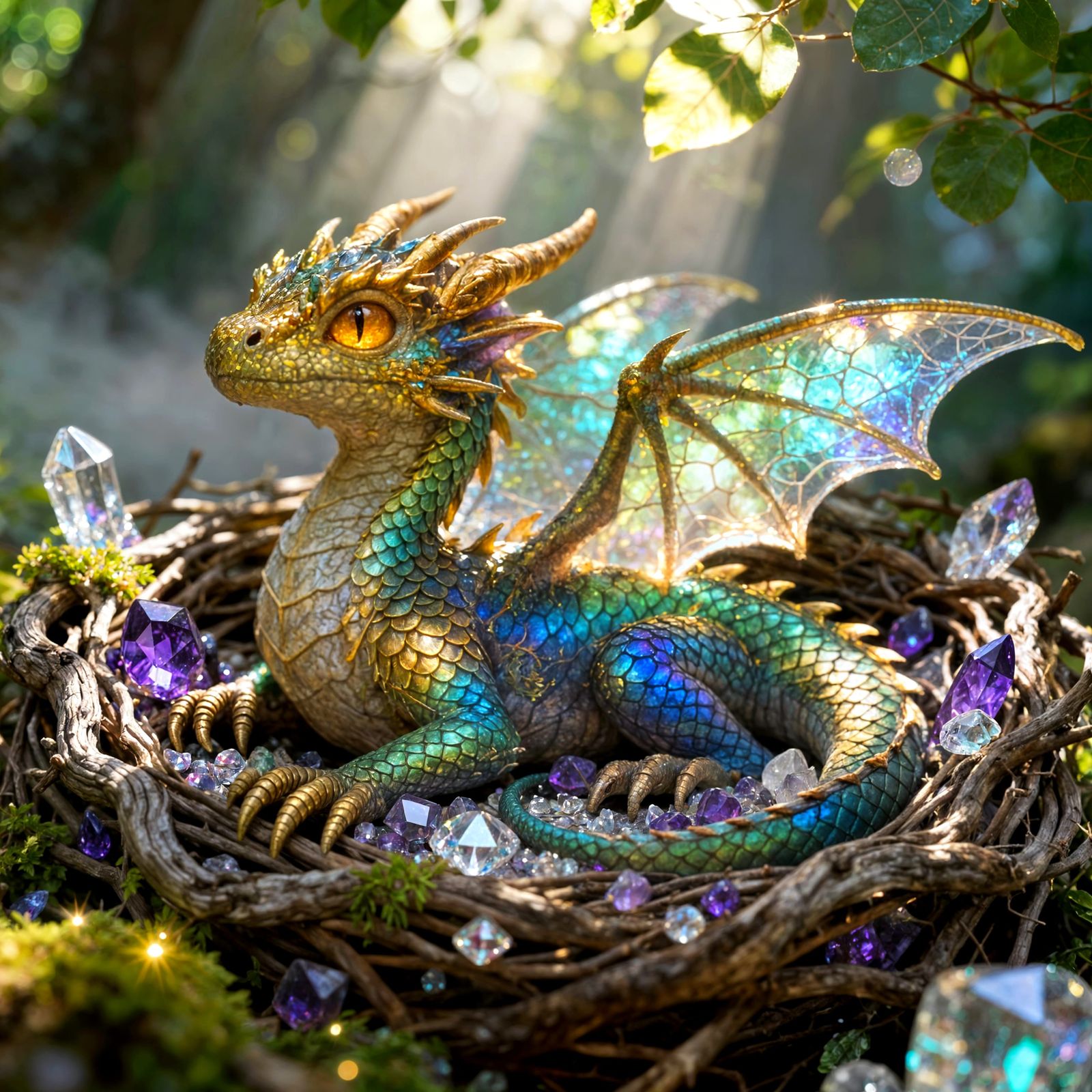 Realistic Baby Dragon Resting in Gemstone Nest