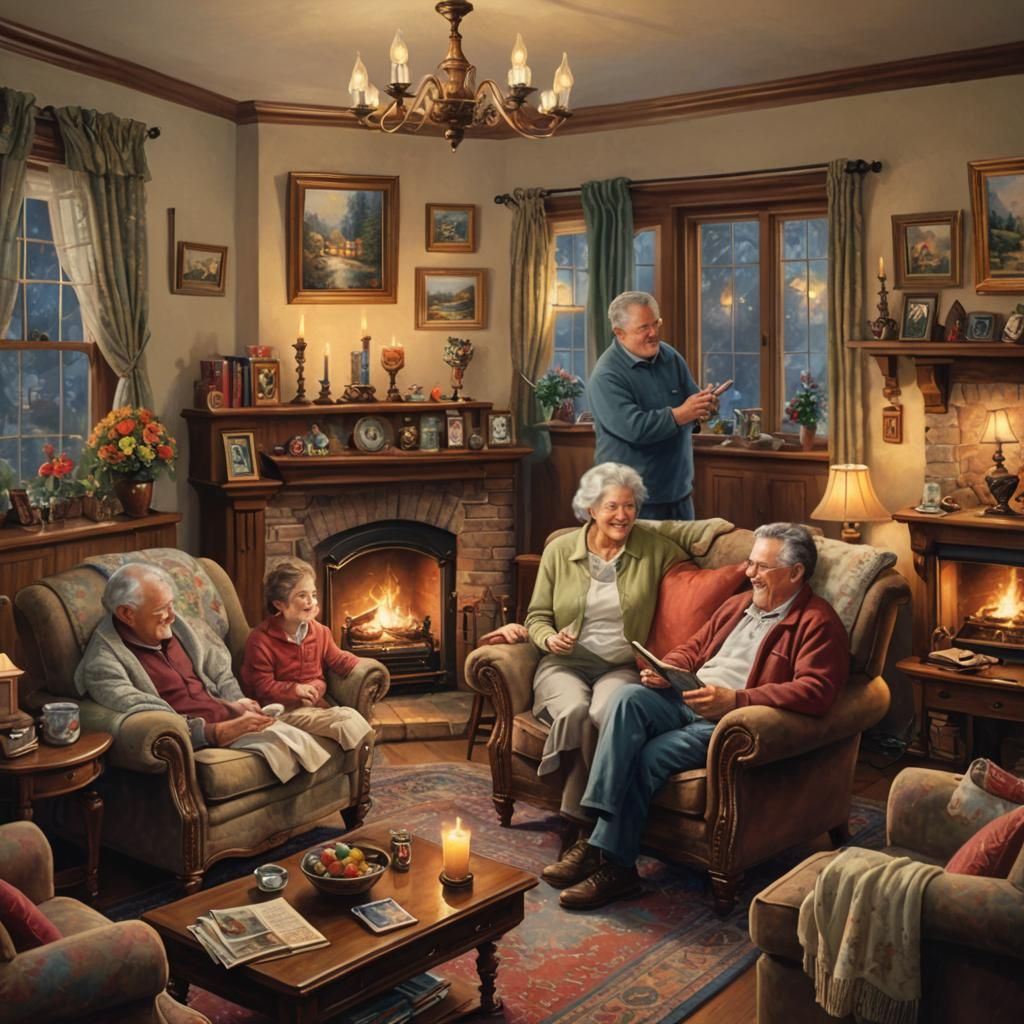 Nostalgic Friends in Cozy Living Room, Kinkade Style