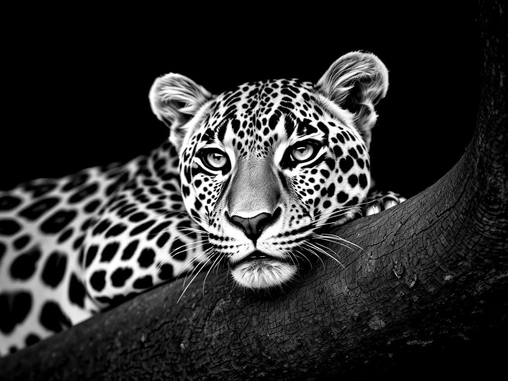 Monochrome Leopard Portrait on Tree Branch