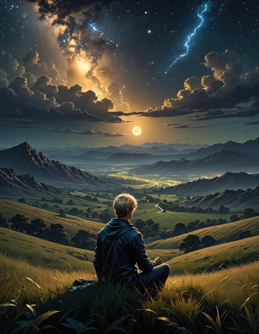 Dark Fantasy Hero Under Starry Night in 1970s Paper Art