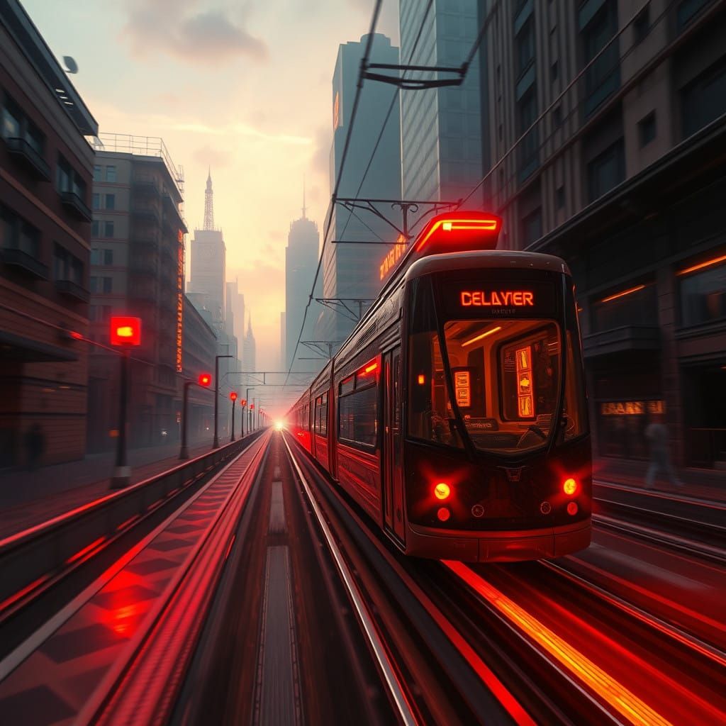 Cyberpunk Tramway Speeds Through Dystopian Liège Cityscape