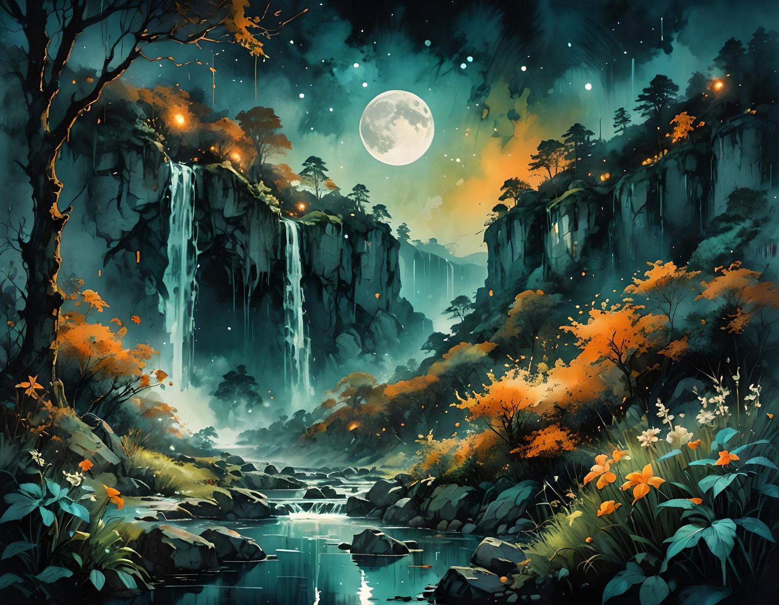 Lush Summer Landscape with Moon in Watercolor