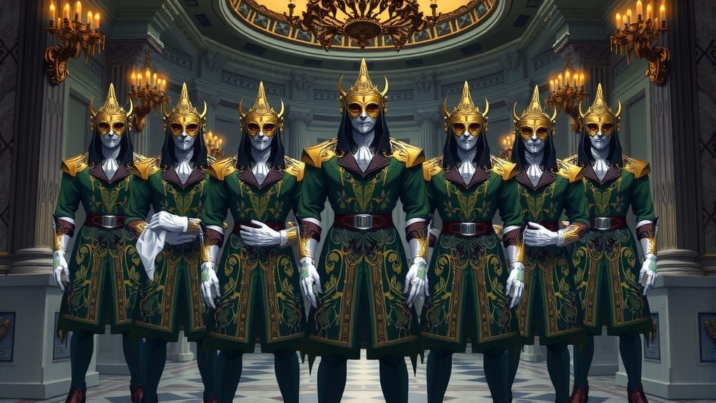 Demacian Mageseekers in Formal Attire, Wearing Throne Emblem...