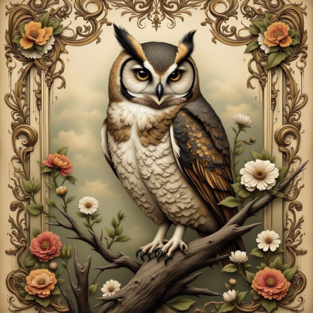 Barn Owl on Textured Branch with Lush Botanicals