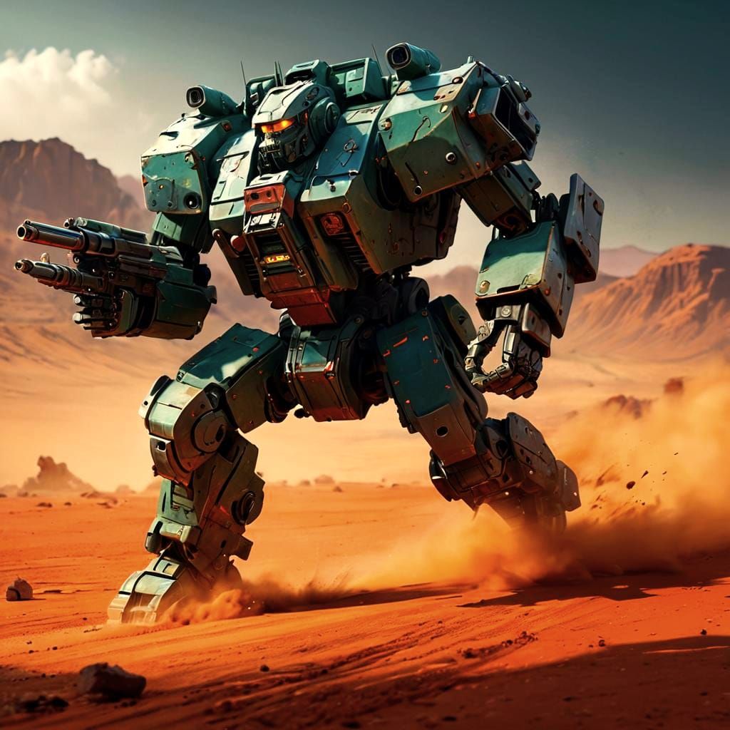 Battlemech Sprinting Across Red Terrain in Industrial Art St...